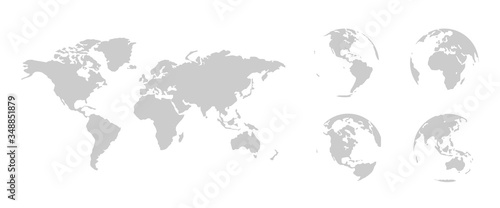 World map globe set in flat. Geography isolated vector