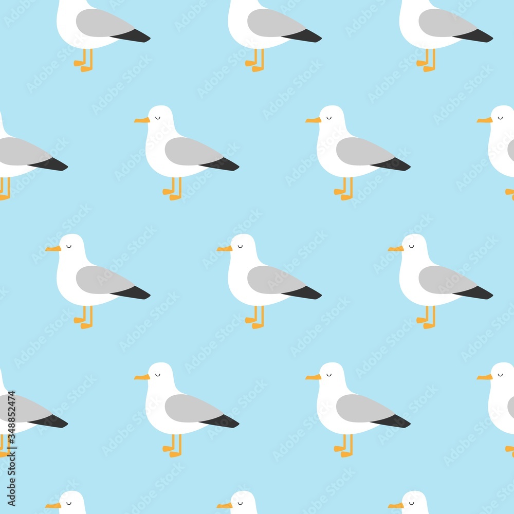Obraz premium Vector beautiful pattern with seagulls. Sea Gull, a beautiful bird. Cute bird in cartoon style.