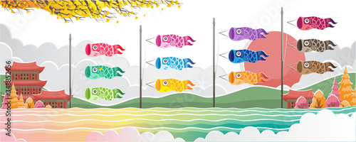 Japanese koi carp flags vector isolated design. Beautiful landscape river, mountains, autumn scenery in Japan. illustration.