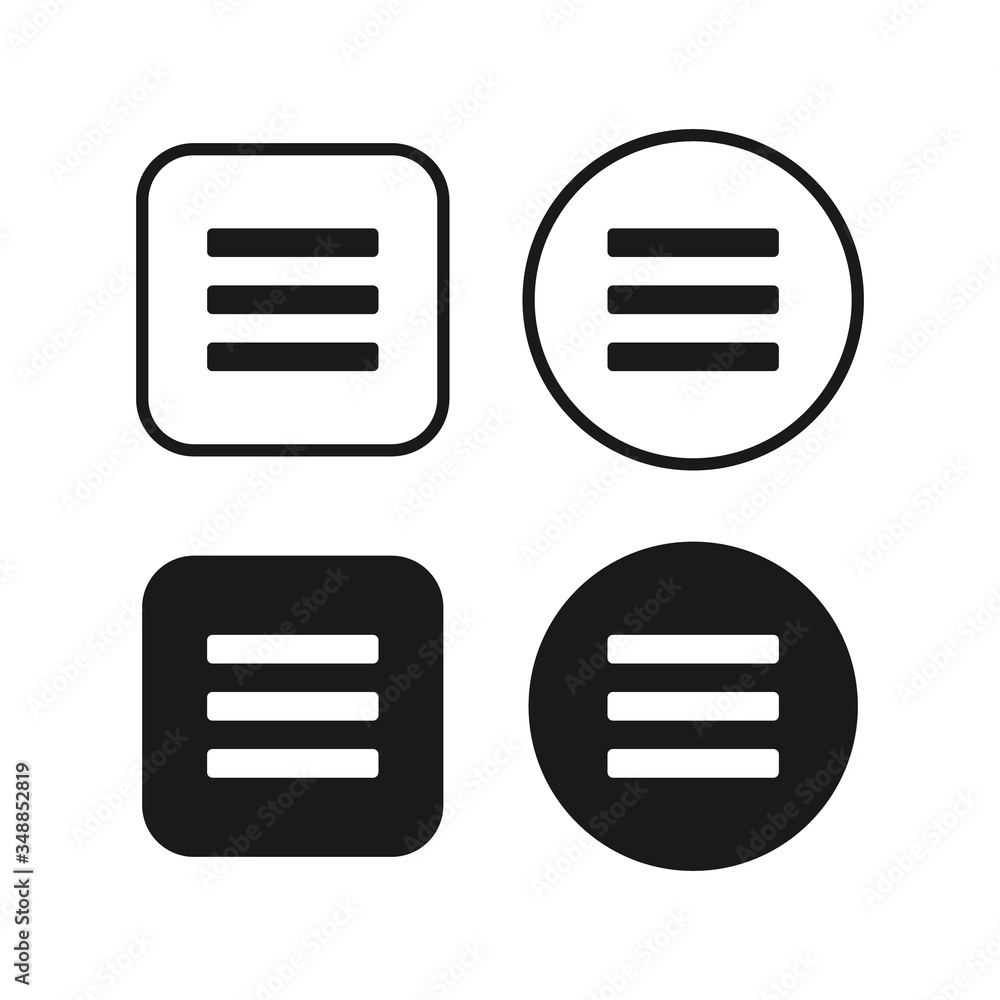 Menu icon. Settings bars symbol. Web and application sign. Simple flat shape button. Vector illustration image. Black silhouette isolated on white background. Menu icon. Settings bars symbol. Web and application sign. Simple flat shape button. Vector illustration image. Black silhouette isolated on white background.