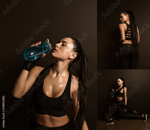 Collage of sexy sportswoman drinking water and doing lunges on black