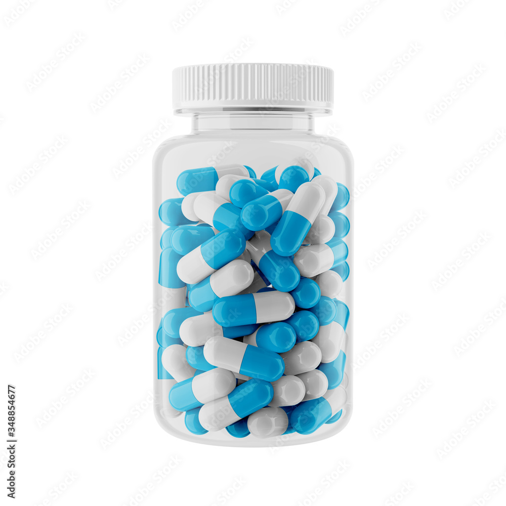 Clear Glossy Plastic Bottle with White Cap and blue capsules, Isolated on white background. Clear Glossy Plastic Bottle with White Cap and blue capsules, Isolated on white background.