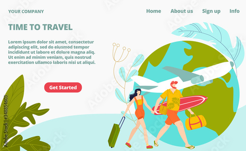 Time to travel tourism landing page, young people travellers on vacation with traveling bags and airplane, earth globe flight vector Illustration. Tours around world, travel agency website.