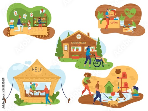Volunteers help senior and disabled people, food charity, care for homeless, social animal support project flat vector illustration. Volunteering at charity kitchen, voluntary work for eldery and