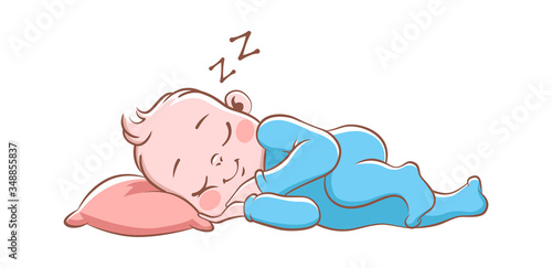 Baby boy sleeping. Cute happy newborn in blue pajamas, isolated cartoon vector child