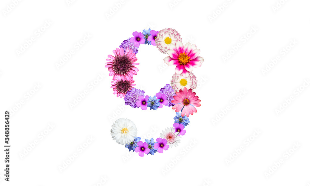 花で作った数字の9（花数字、花フォント）