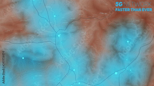 5G coverage map of land. Elevation map with high signal zones. Wifi broadcasting zones. Network good connection map.