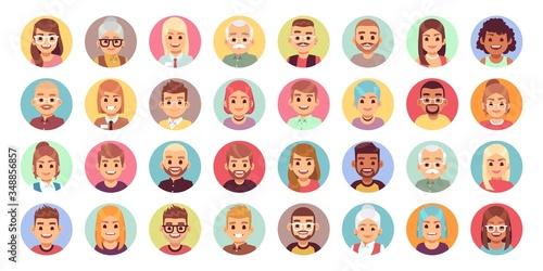 People cartoon avatars. Diversity of office workers flat character and avatar portraits vector icon set