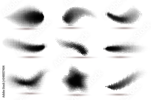 Halftone shapes. Curved dotted spots with halftone circle dot gradient texture. Fluid flex wave effect pattern, graphic dots vector set