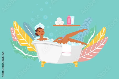 Woman bathing in bathtub, dark skinned asiatic girl in bathroom cartoon vector Illustration. Body relaxation and hygiene in bath, beauty spa at home, relax washing in foam bubbles.