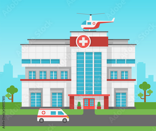 Hospital building. Health centre, medical clinic panorama exterior and ambulance car, helicopter. Medic service vector healthcare concept