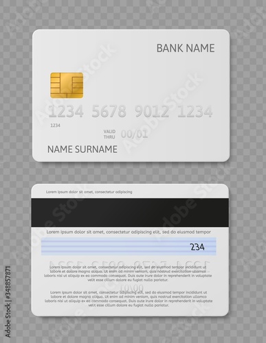White credit card. Realistic plastic cards with chip front and back view mockup. Security bank payment vector finance concept