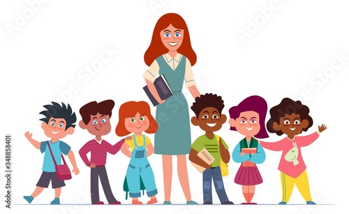 Teacher with children. Happy multiethnic girls and boys schoolchildren and woman pedagogue cartoon vector education concept
