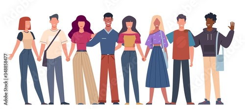 International friends. Multiethnic social unity young people standing together, diversity multicultural community. Vector concept