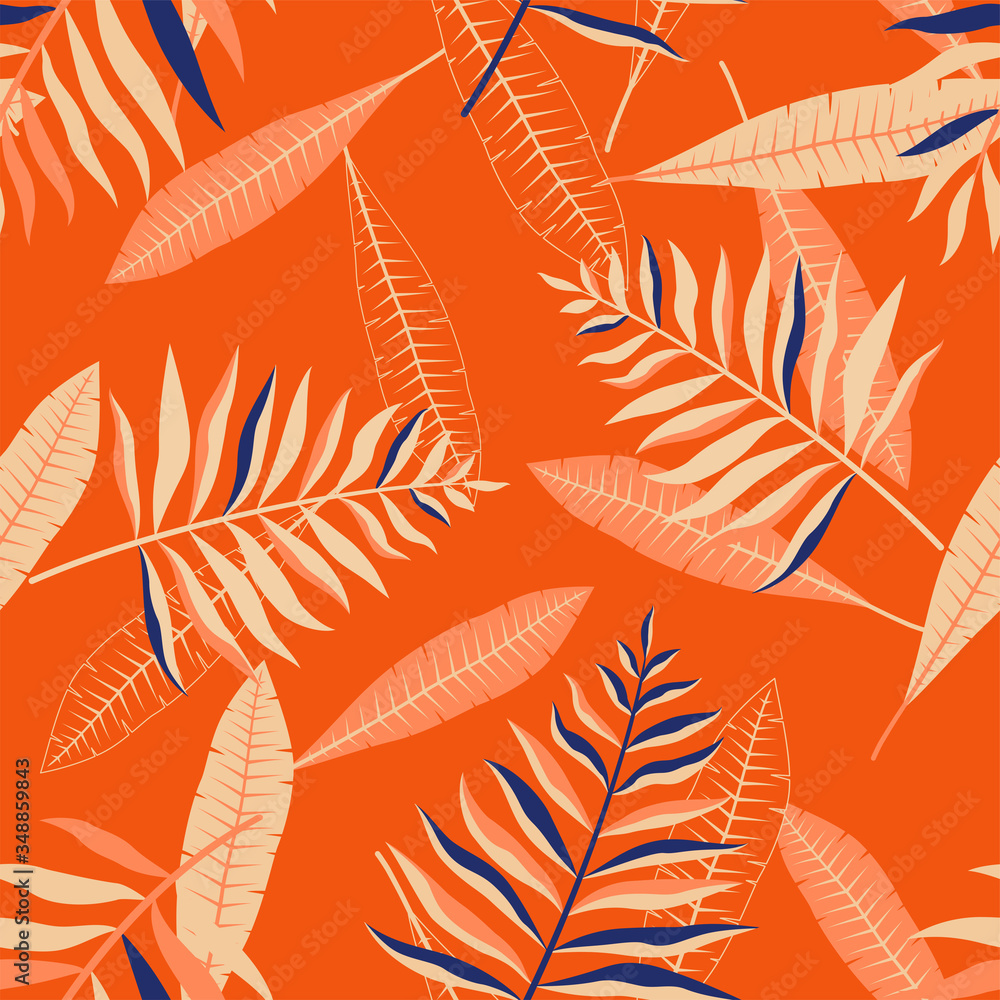 Fototapeta Seamless pattern of plumeria and palm leaves. Tropical background