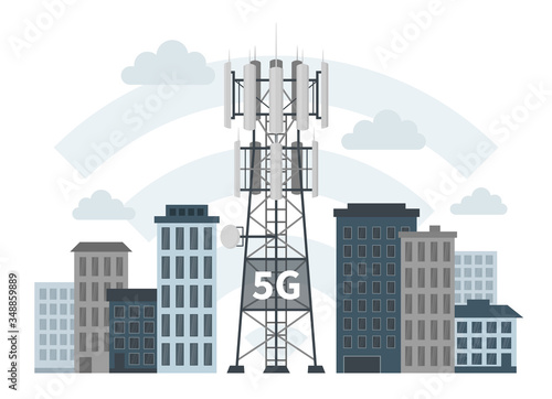 5G mast base station in smart city on white background, flat vector illustration of mobile data towers as innovative technology, telecommunication antennas and signal, cellular equipment. © kanvictory