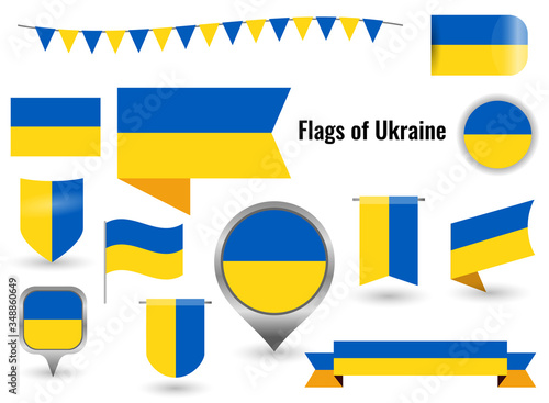 A large set of icons and signs with the flag of the Ukraine. Square and round Ukraine flag. Collection of different types of horizontal and vertical.