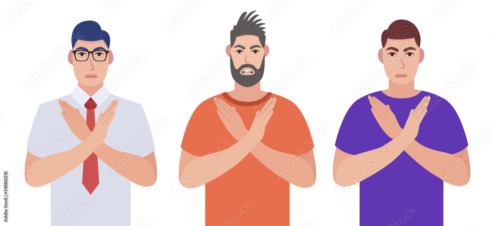 Men making X shape, stop sign with hands and negative expression. Crossing arms. Character set. Vector illustration in cartoon style. Men making X shape, stop sign with hands and negative expression. Crossing arms. Character set. Vector illustration in cartoon style.