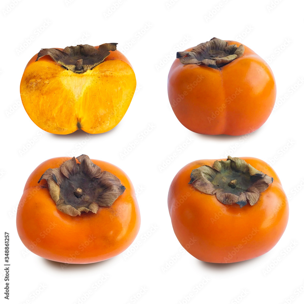Set of whole and halved Hachiya Japanese ripe persimmons. Fruits of Diospyros kaki isolated on white background. With different perspective. Date plum, Caucasian persimmon, orange sharon fruit.