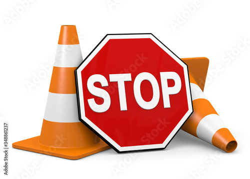 3d illustration stop sign with traffic cone
