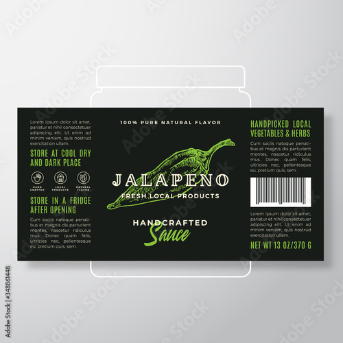 Handcrafted Vegetables and Herbs Sauce Label Template. Abstract Vector Packaging Design Layout. Modern Typography Banner with Hand Drawn Jalapeno Silhouette Background.