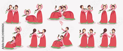 Korean girl set. A couple of friends dress in hanbok. Emotions and gestures of korean women retro. Tourists dressing up in korean style.