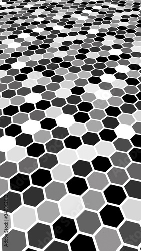 Honeycomb gray colored. Perspective view on polygon look like honeycomb. Isometric geometry. 3D illustration