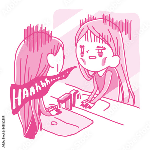 洗面所で1人反省会をする疲れやつれた女性社員のイラスト