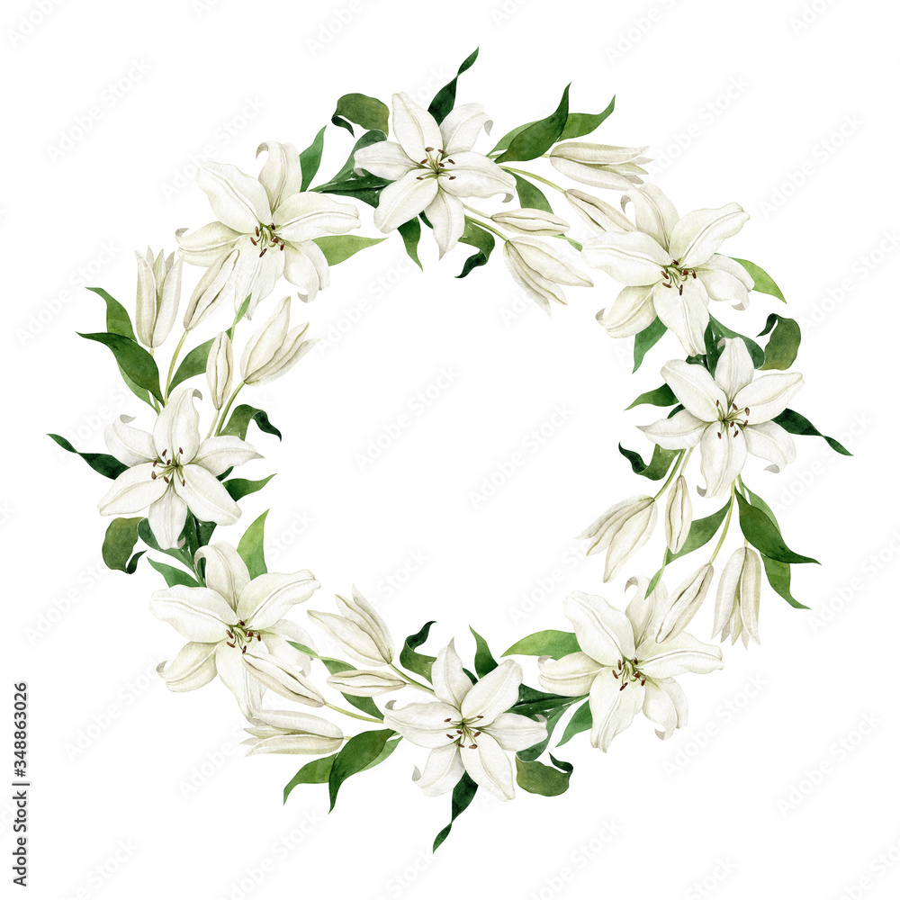 Watercolor floral wreath of white lilies isolated on white background. Hand drawn clipart. Frame for wedding invitations, greeting cards, birthday invitations.