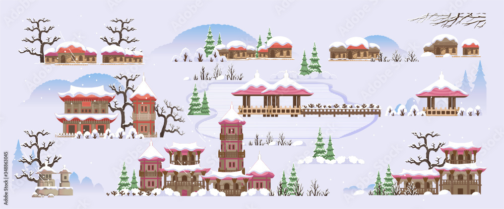 Korean style building. Beautiful houses and temples in Korean style. The scenery of Korea during the winter fall season. Various colors of winter. Vector illustration isolated on white background.