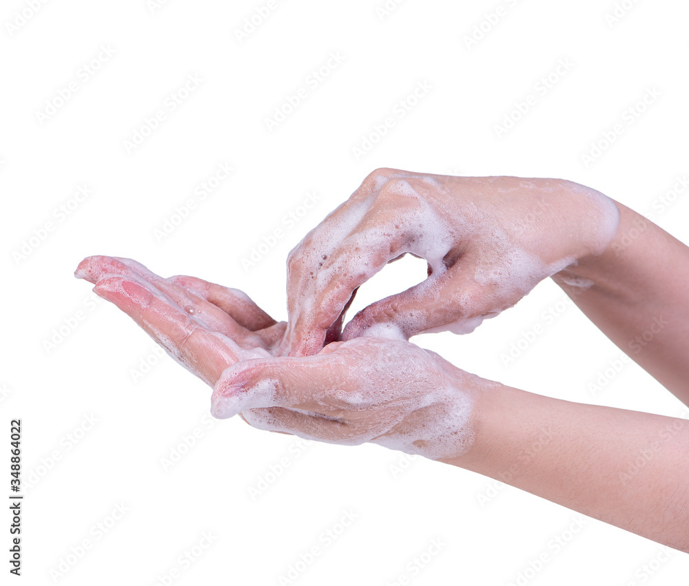 Washing hand step instruction isolated on white background. Asian young woman using liquid soap, concept of protecting pandemic coronavirus, close up. Washing hand step instruction isolated on white background. Asian young woman using liquid soap, concept of protecting pandemic coronavirus, close up.