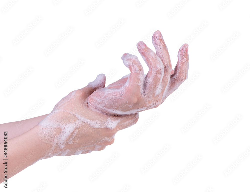 Washing hand step instruction isolated on white background. Asian young woman using liquid soap, concept of protecting pandemic coronavirus, close up. Washing hand step instruction isolated on white background. Asian young woman using liquid soap, concept of protecting pandemic coronavirus, close up.