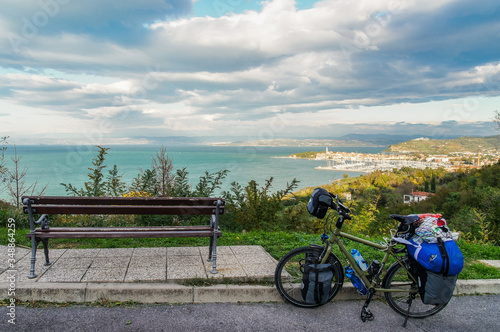 Bicycle tour with bag in the View point in Slovenia, Europe.