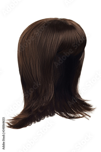 Subject shot of a natural looking dark brown wig with bangs. The shoulder-long wig with twisted strands is isolated on the white background. 