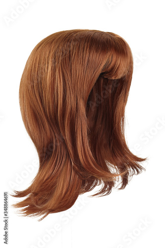 Subject shot of a natural looking ginger wig with bangs. The shoulder-long wig with twisted strands is isolated on the white background. 