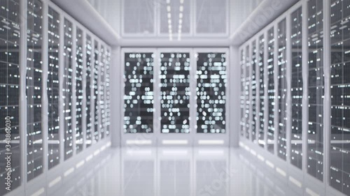 Artificial Intelligence concept. Loopable background shot for portraits. White server room in modern data center. Cloud computing data storage. Flashing light indicators. Hi-tech. Backdrops
