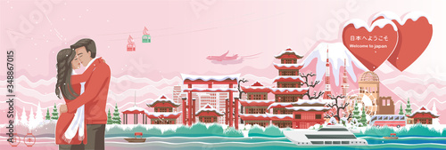 Winter seson in japan. Snow fall. Japan style building. Translation: Welcome to japan. Couple honeymoon vacation concept. Posters or postcards for tourism. Vector illustration paper cut style stickers