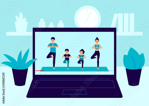 Laptop screen video of yoga family exercise at home. Father, mother and children workout, practicing yoga in room, relaxing exercise at home. Video online exercise and meditation at home. Vector