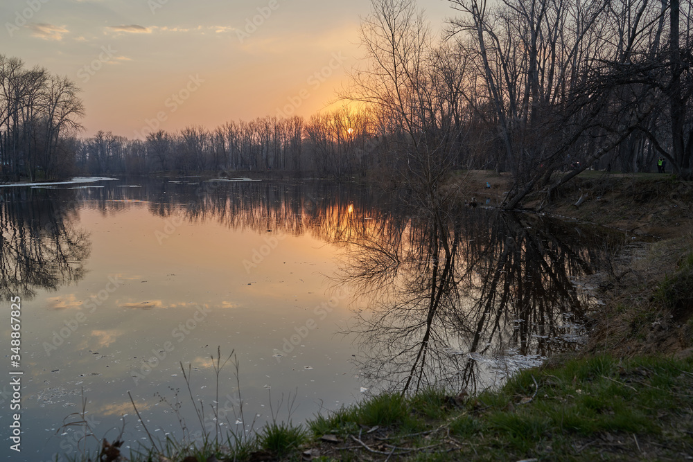 Fototapeta premium Early spring. Morning dawn over the lake in a misty, thoughtful haze. Beautiful view of the forest covered with fog early in the morning. The sun's rays of light. 