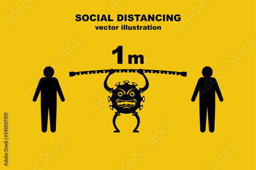 Social distancing concept. Landing page social awareness. Black silhouette people stand keep distance of 1 meter. Coronavirus Prevention covid-19. Vector illustration flat design.