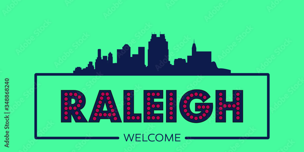 Raleigh skyline silhouette flat design typographic vector illustration.