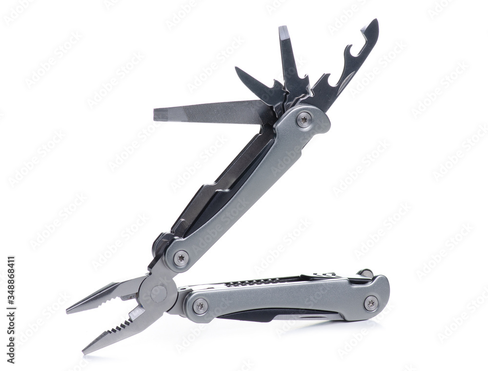 Multitool multi function tool hovers on white background isolation