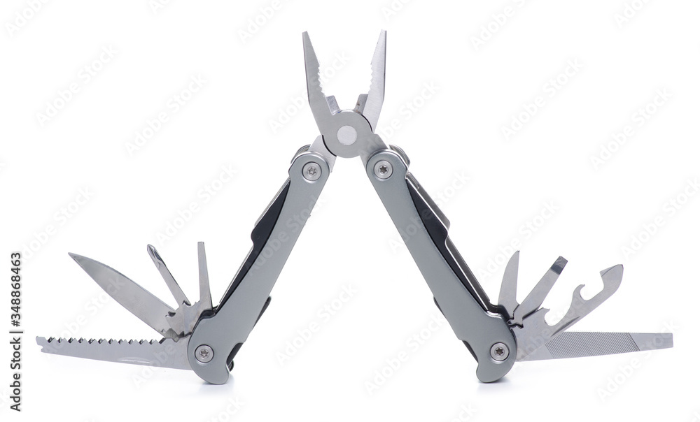 Multitool multi function tool hovers on white background isolation Multitool multi function tool hovers on white background isolation