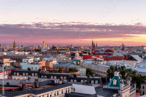 View from the central children's world. The Moscow Kremlin. Panorama of Moscow from a height. City at sunset.