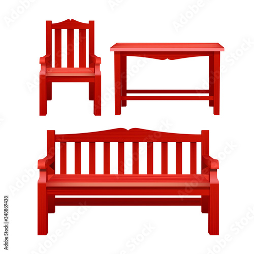 Chair, bench and table, a set of outdoor wooden furniture in red. Decorative furniture for decoration of the garden, cafe and courtyard
