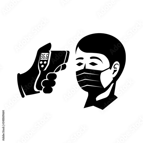 Temperature check black icon. Doctor holding a non-contact thermometer in hand. Silhouette mask on face. Pictogram coronavirus prevention. Epidemic 2019-ncov. Vector illustration flat design.