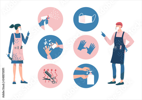 Hair salon during a Coronavirus.Female and male hairdresser in protective mask and gloves.Protective measures-disinfect, wash hands, wear mask, use sanitiser, sterilisation of tools. New normal.