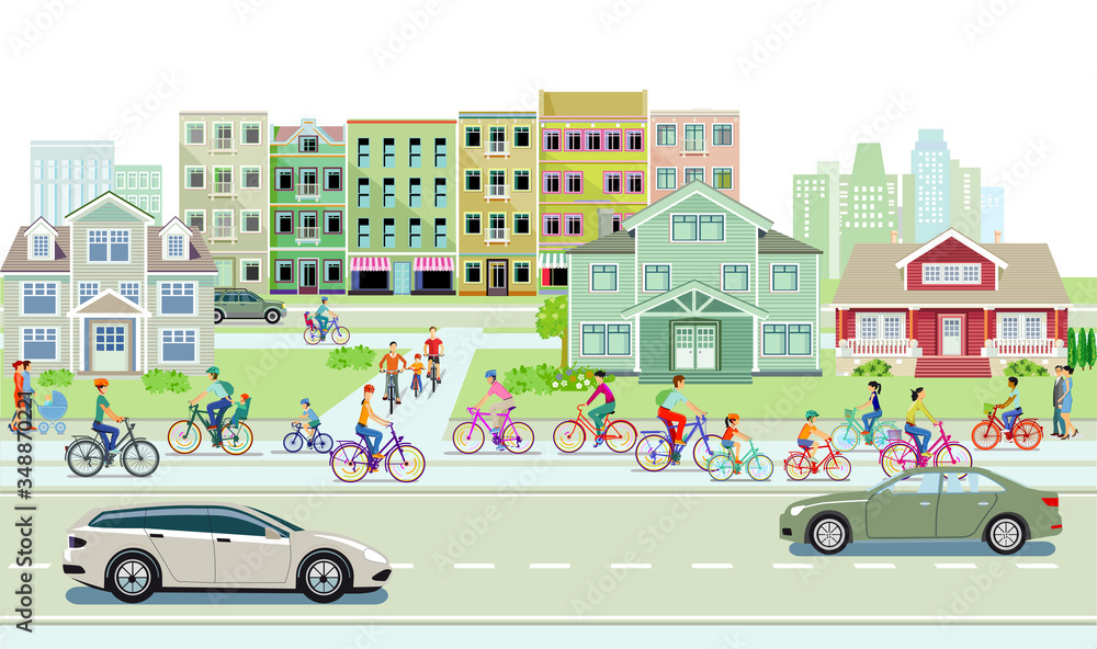Radfahrer auf dem Radweg und Straßenverkehr mit Fußgänger und Autos auf Städtischerstraße