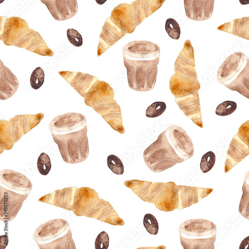 Seamless watercolor pattern of croissant, coffee, coffee beans isolated on white background. Food illustration