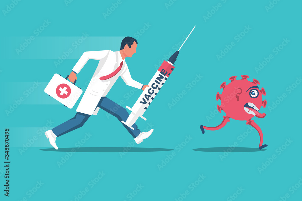 Doctor with a vaccine covid-19 runs after a coronavirus bacterium. Vaccination concept. Vector illustration flat design. Injection in syringe. Ambulance with first aid kit and flu vaccine.